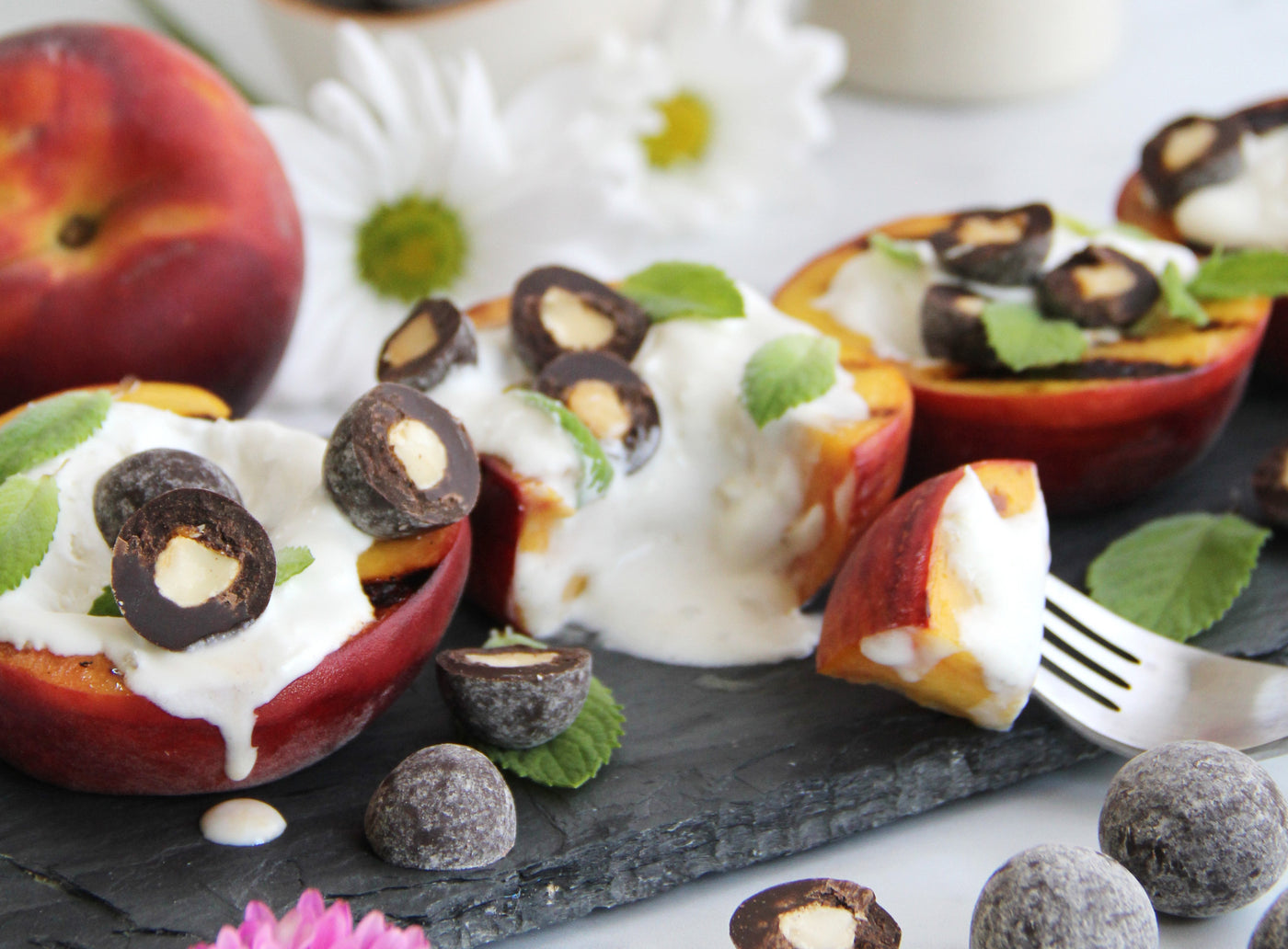 Chocolate Toffee Macadamia Grilled Peaches
