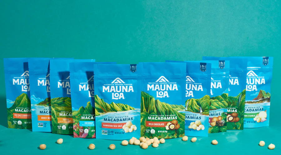 Row of bags of Mauna Loa Macadamia Nuts.